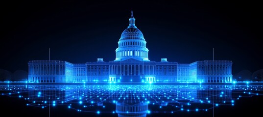 U.S. Capitol Building in Washington D.C., Glowing Blue Outline with Digital Network Effect