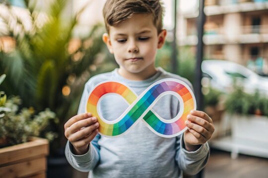 A colorful sign of the endless rainbow of autism in the hands of a boy. World Autism Awareness Day, the Autistic rights movement. Society's acceptance of autism.