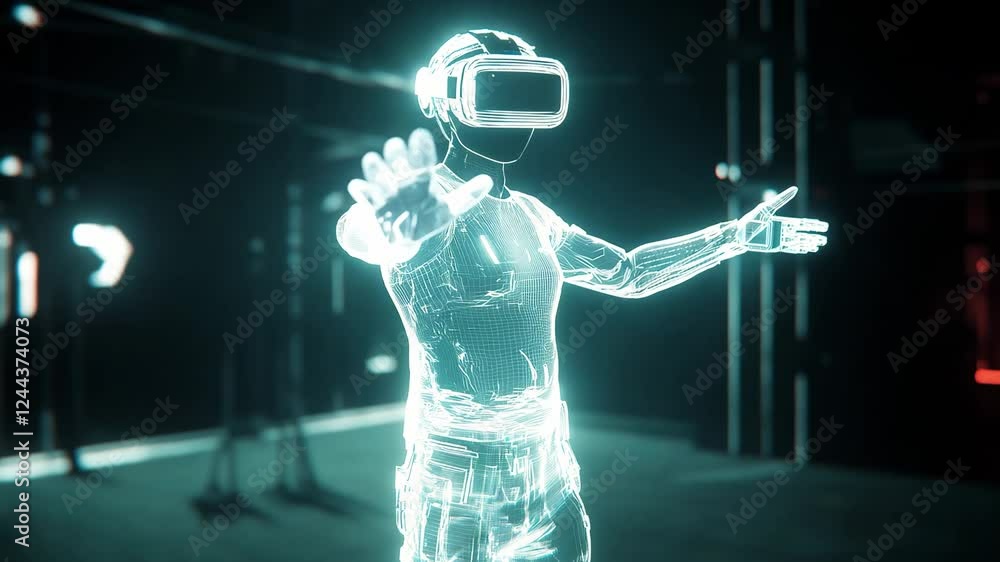 Poster an immersive demonstration of virtual reality technology in a high tech setting, with a holographic 