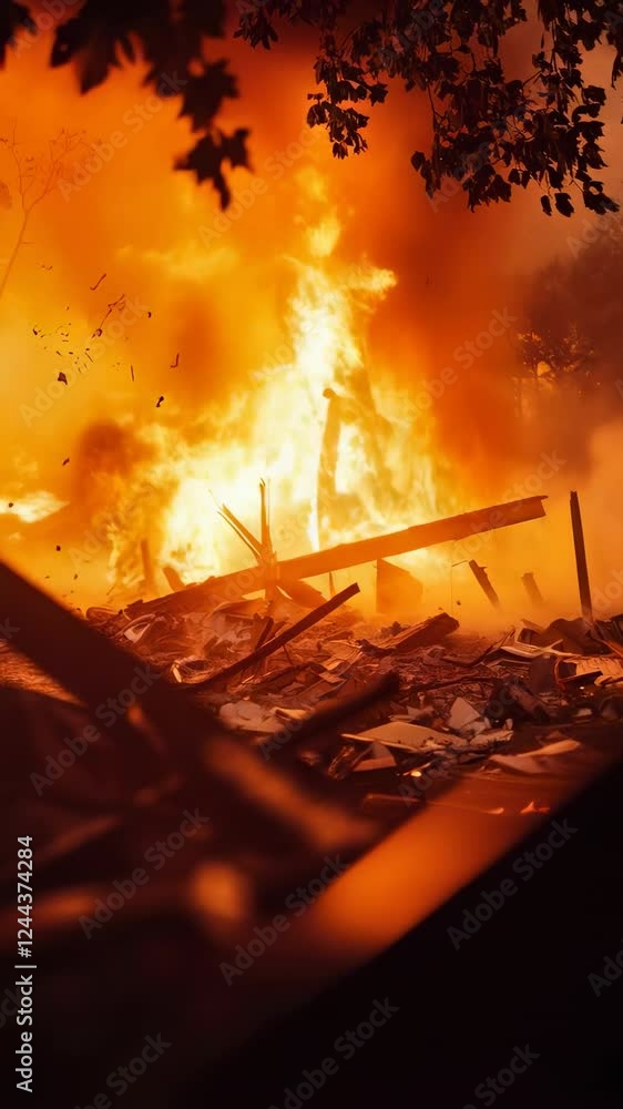 Poster intense fire burning a wooden structure, creating a scene of destruction and devastation with flames