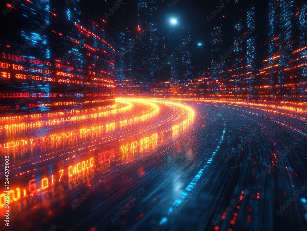 Poster a dynamic digital landscape featuring flowing data streams and city lights.