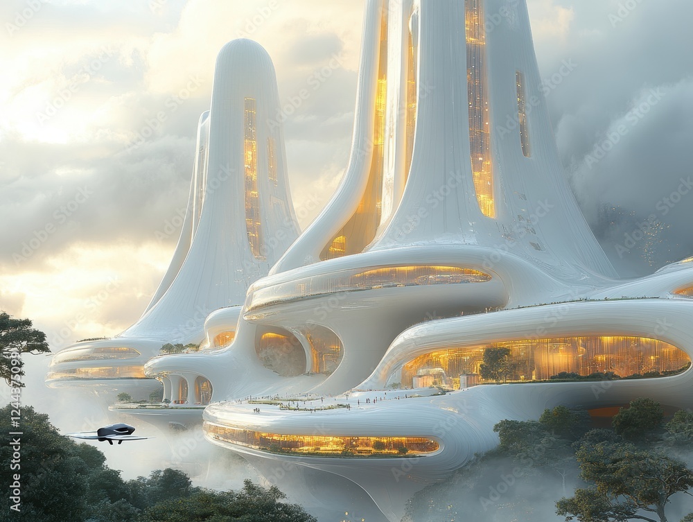 Poster futuristic architecture with sleek structures amidst clouds and greenery.