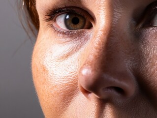 Naklejka premium Close-up of a woman about 39 years old, where the skin is the protagonist
