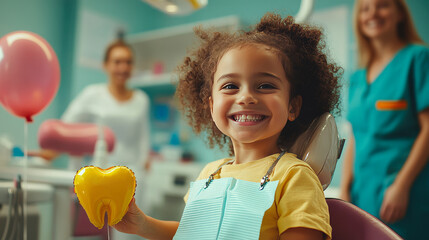 Little Latina girl smiles broadly while holding a tooth shaped balloon in a bright dental clinic. National Dentist Day. Greeting for the dentist. With copy space