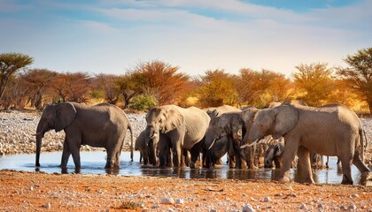 Naklejka premium Stirring Encounter Majestic African Elephants Gathering at a Watering Hole amidst a Backdrop of Vibrant Savannah Wildlife in Etosha National Park