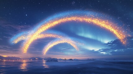Magical Aurora Lights Arcing Over Tranquil Seaside Landscape