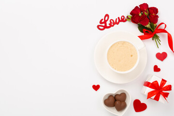 Morning breakfast for Valentines day on color background, top view