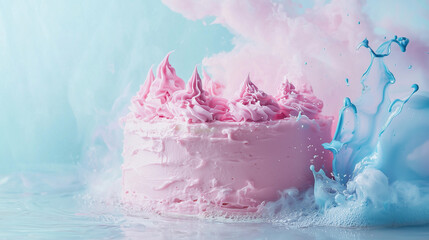 Pink Cake on Soft Blue Pastel Background with Paint Splashes and Copy Space