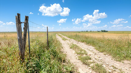 Rural dirt road through grassy field, sunny day