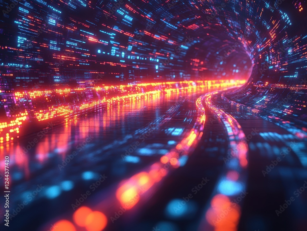 Poster a futuristic tunnel of vibrant lights and data streams.