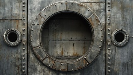 Fototapeta premium Grungy metal door with circular opening and rivets.