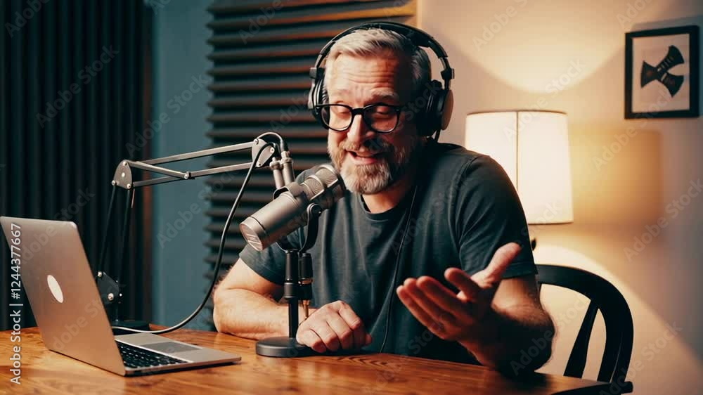 Poster engaging podcast host speaking, gesturing, and connecting with his audience during a recording sessi