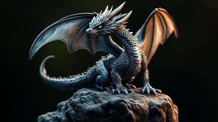 Majestic dragon with glistening dark blue scales perched on a rocky ledge, wings spread wide and eyes glowing, capturing a powerful fantasy creature in cinematic detail