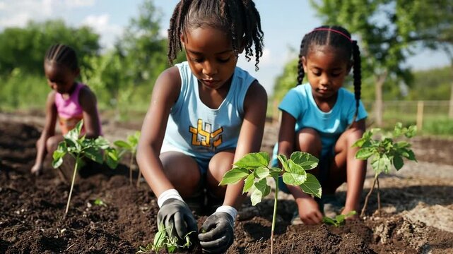 Young african american children girls are engaged in planting seeds in a community garden, working together under a clear blue sky