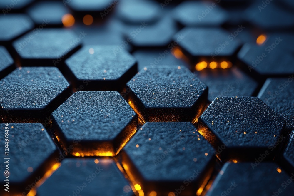 Poster close-up view of hexagonal tiles with glowing edges, creating a modern texture.