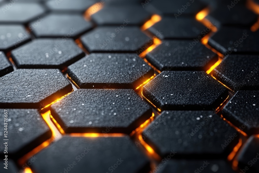 Poster close-up of hexagonal tiles with glowing seams, creating a modern aesthetic.