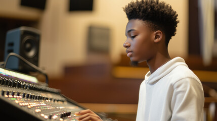 Teenager Operating Soundboard During Church Worship Service