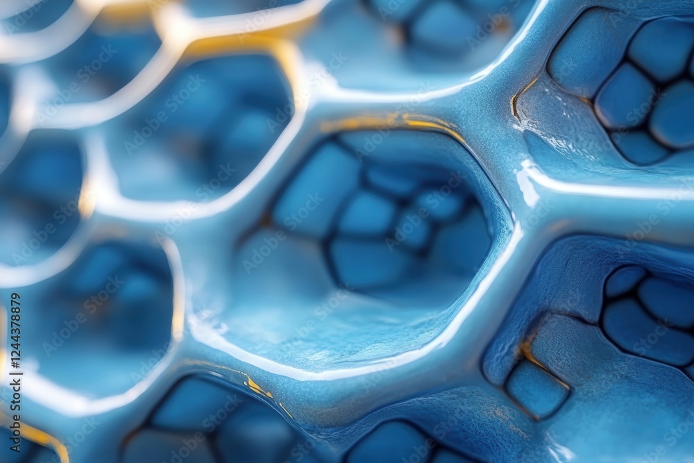 Poster close-up of a blue, honeycomb-like structure, showcasing intricate patterns.