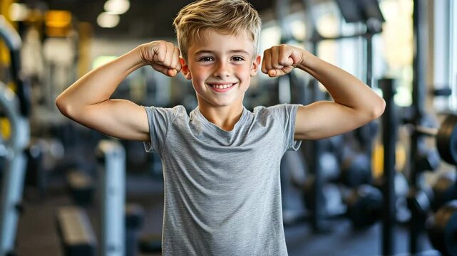 Cheerful child boy flexes his muscles with pride in a contemporary fitness center filled with exercise equipment
