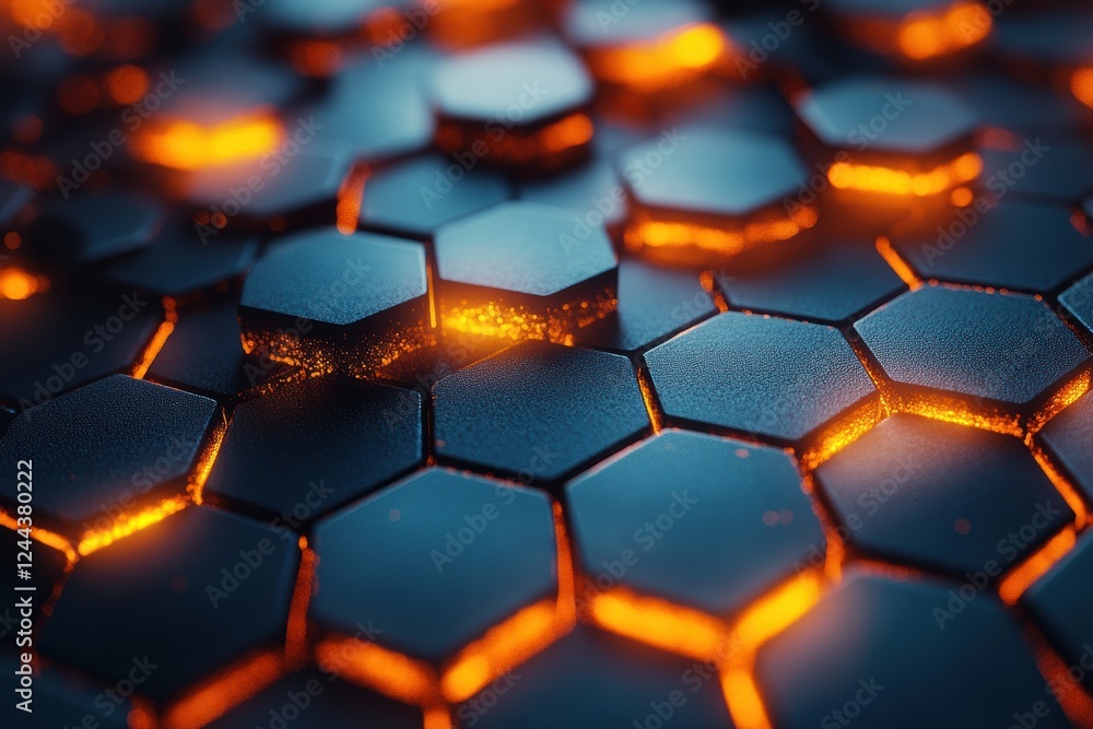 Poster abstract hexagonal pattern with glowing orange highlights on a dark surface.