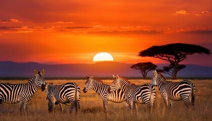 Majestic African Zebras Silhouetted against a Vibrant Orange Sunset in the Serengeti National Park, Tanzania at