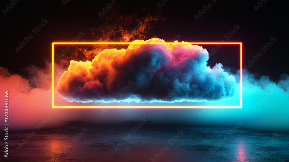 Aufkleber 3d render, abstract geometric background of colorful illuminated cloud and glowing neon linear recta