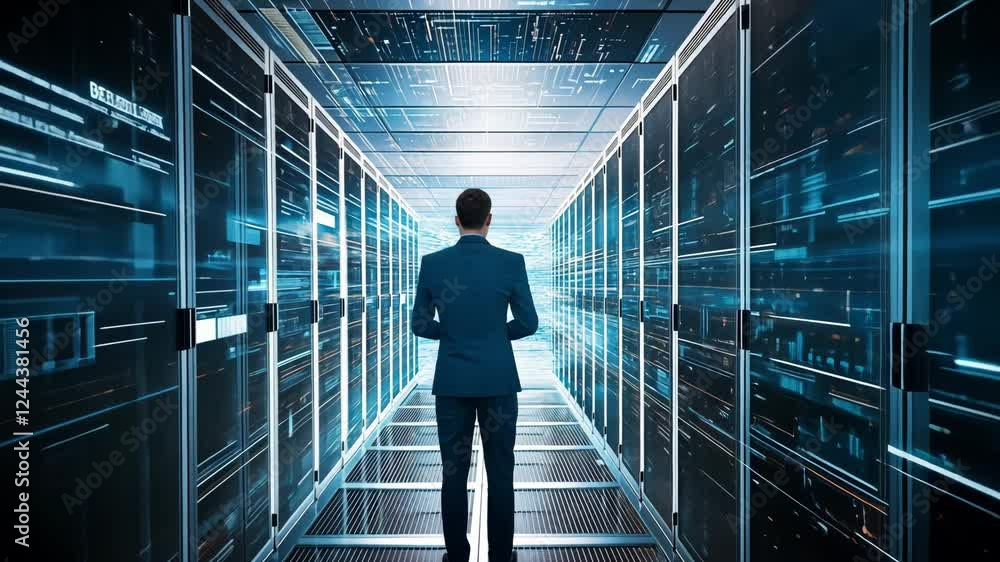 Poster a business professional stands in a futuristic server room, surrounded by illuminated data pathways 