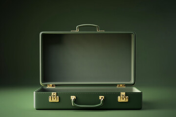 Opened 3D green briefcase empty isolated on a green background