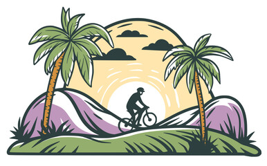 Tropical landscape with a cyclist enjoying the sunset, riding a mountain bike between palm trees and hills, promoting outdoor sports, tourism, and travel