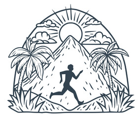 Monochromatic vector graphic showing runner sprinting through stylized tropical landscape, silhouetted against palm trees, mountain, and radiant sun breaking through clouds