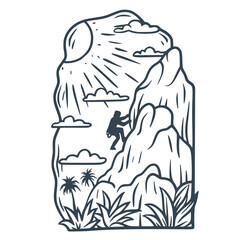 Monochrome climber ascending steep rocky terrain, surrounded by tropical palm trees and dense greenery under bright sunlight