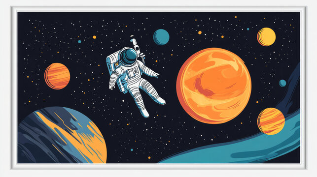 Astronaut space exploration adventure retro poster. Astronaut in spacesuit flying on maneuvering or propulsion unit in outer space, solar system planets and sun vector. Galaxy discover banner