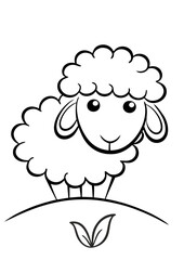 Fototapeta premium Black and white illustration of a cute lamb walking on a hill next to a flower.