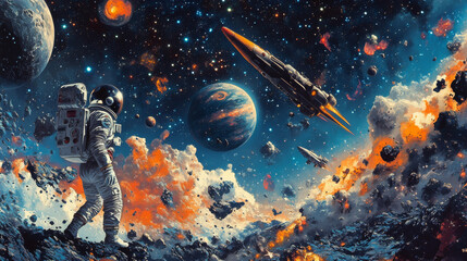 Space posters with cartoon spaceship and starship, kid astronauts and alien UFO, vector background. Galaxy planets and stars, kid spaceman on rocket spaceship with comets and asteroids in starry sky