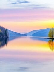Fototapeta premium Serene mountain lake at sunrise with colorful sky reflecting on calm water, surrounded by trees and distant hills, creating a peaceful nature scene, tranquility and relaxation concept