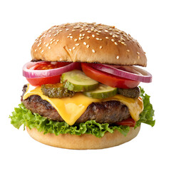 Juicy cheeseburger with fresh toppings. Isolated on a transparent background, PNG.