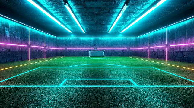 Neon soccer field, virtual 3d playground scheme perspective view. green soccer field under the glow of spotlights, the background of the winners
