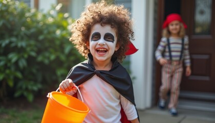 A cheerful child dressed as a spooky character, complete with face paint and a cape, holds an orange bucket while grinning widely. The scene captures the excitement of Halloween, with a playful