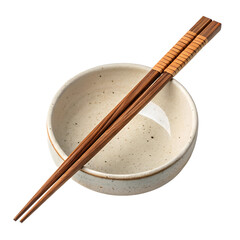 Wooden chopsticks resting on an empty ceramic bowl. Isolated on a transparent background, PNG. Generative Ai.