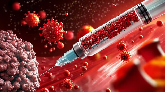 Syringe injecting viral cells to combat infections effectively, detailed visualization of vaccination process