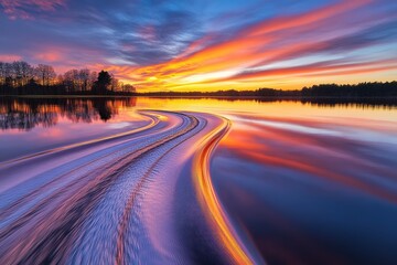 Vibrant lake at sunset with colorful sky, reflecting water, and dynamic boat trail, showcasing peaceful nature, outdoor adventure, and travel destination concept