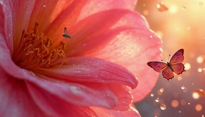 Vibrant pink flower with butterfly and dew drops for captivating macro floral photography