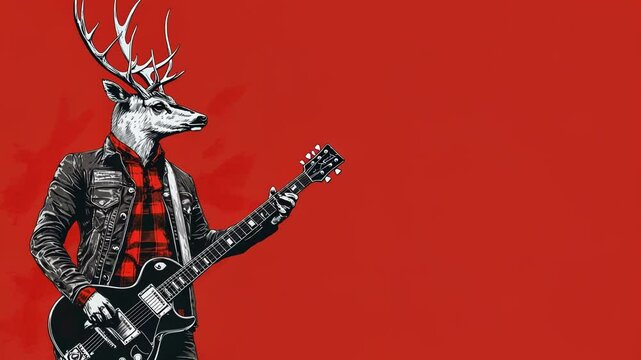 Deer and Guitar Silhouette Illustration with Woman Dancing in Colorful Rock Animation Design