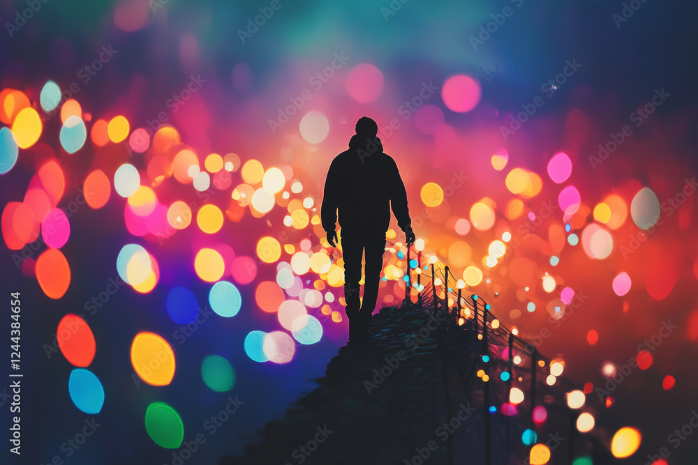 Poster person walking along path surrounded by colorful bokeh lights, creating surreal and dreamy atmospher