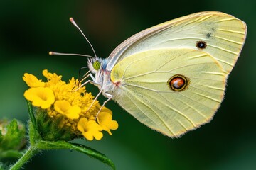 Yellow butterfly perched on vibrant yellow flowers, displaying intricate wing patterns and delicate antennae, set against a lush green blurred background, nature macro photography concept
