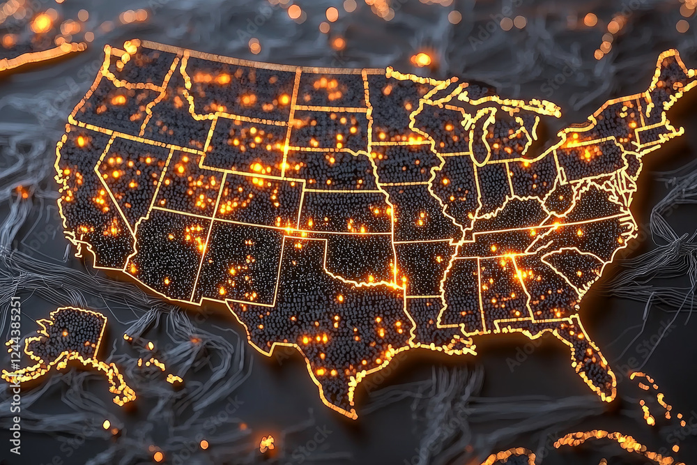 Poster image showcases detailed map of united states illuminated with glowing points, representing data or 