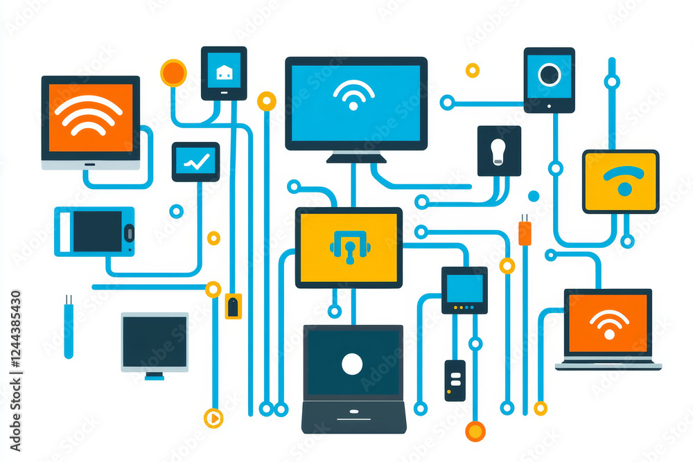 Poster smart devices connected through communication network, showcasing technology integration and data fl