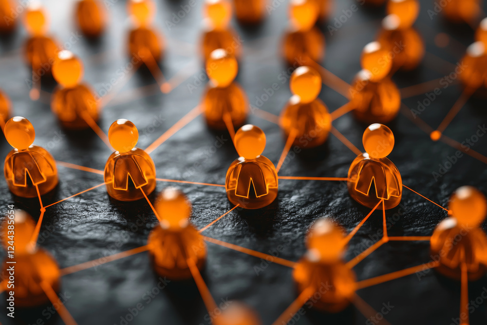 Poster network of orange figurines connected by lines, symbolizing communication and connectivity in teleco