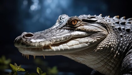 Fototapeta premium Majestic Alligator Lounges in a Sunset Swamp A Glimpse into the Mysterious Florida Everglades at Twilight.