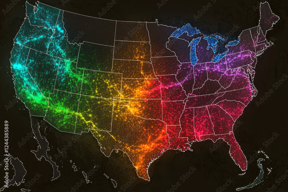 Poster visual representation of telecommunication signals across united states, showcasing vibrant colors i